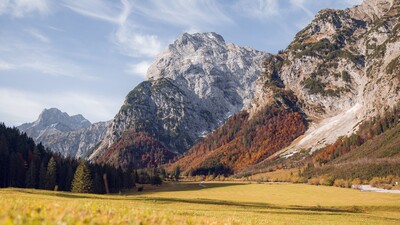Herbstliche Farbkulisse im Falzthurntal: leuchtende Wälder und goldene Wiesen.