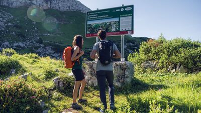 Ein Pärchen erkundet den Naturlehrpfad Rofan und informiert sich über das richtige Verhalten in der Natur.