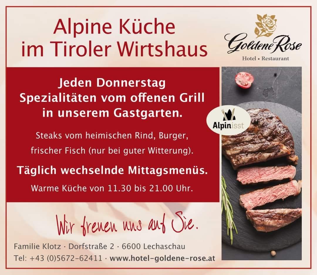 Spezialitäten vom offenen Grill in unserem Gastgarten – Hotel Goldene Rose