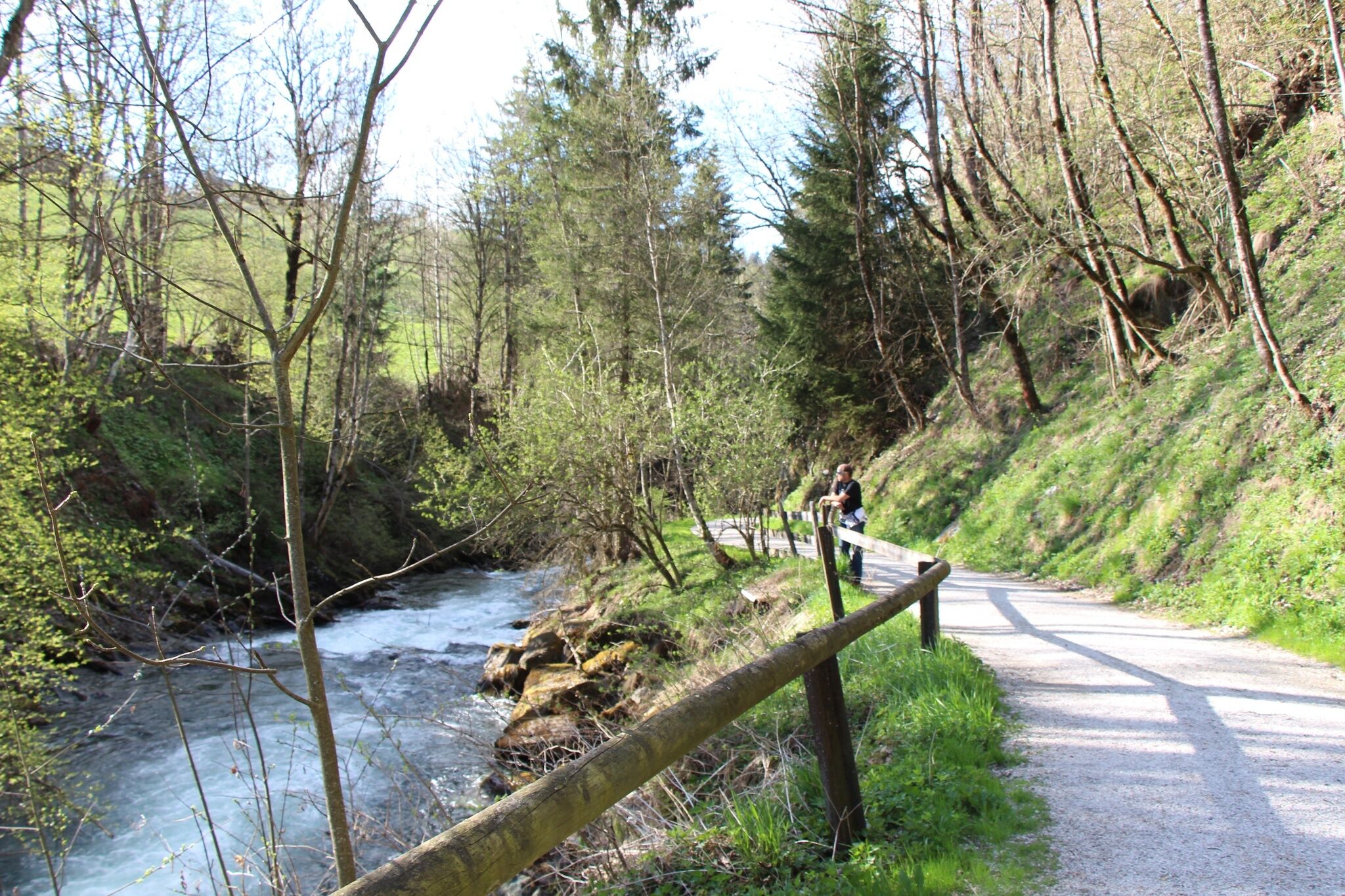 Der Schotterweg führt entlang des Talbachs durch bewaldetes Gelände. Ein Holzgeländer trennt den Gehweg vom Bachufer.