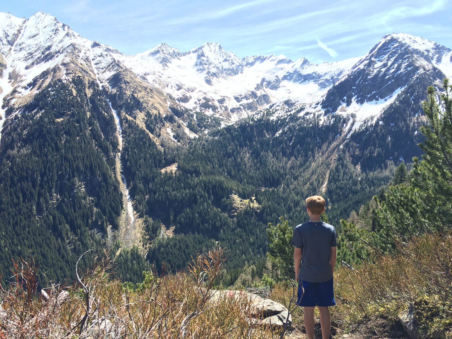 Aussicht vom Wanderweg im Obertal auf die umliegende Bergwelt mit Nadelwäldern und schneebedeckten Gipfeln. Ein Kind betrachtet die alpine Landschaft.