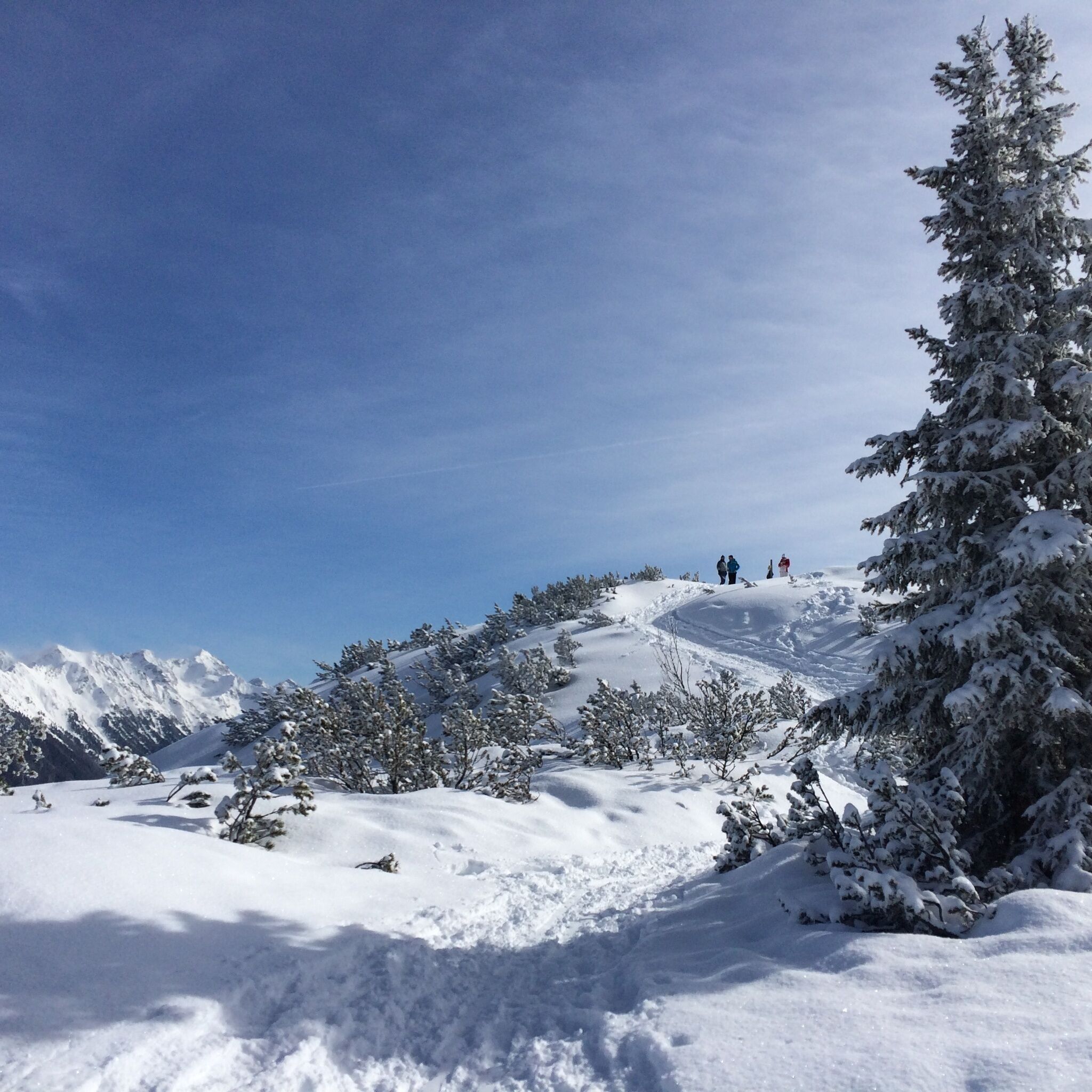 Der 4-Jahreszeiten-Weg führt über einen schneebedeckten Grat. Im Hintergrund sind alpine Gipfel und eine Personengruppe zu sehen.