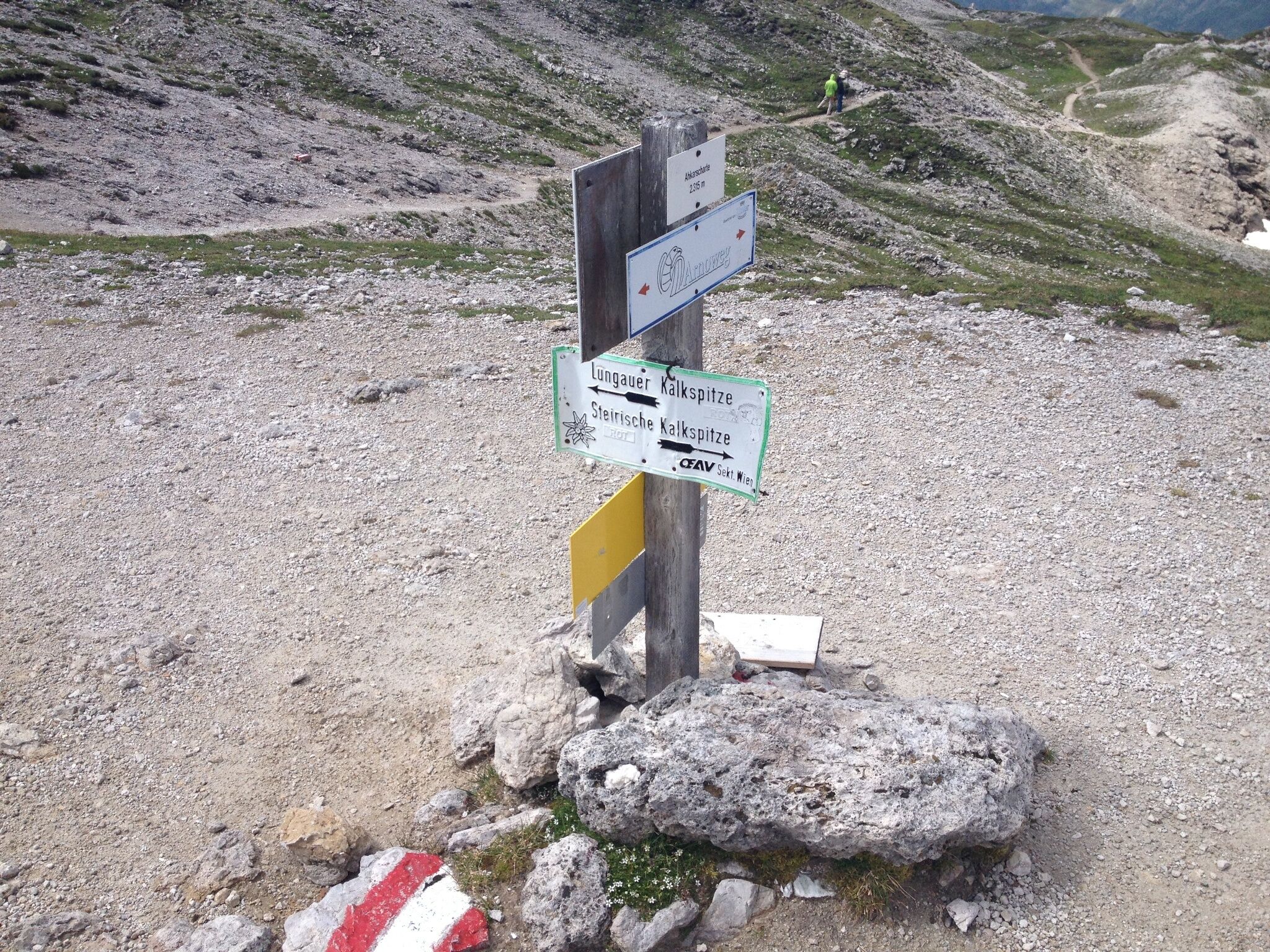 Ein hölzerner Wegweiser markiert die Abzweigung zur Lungauer und Steirischen Kalkspitze. Im Hintergrund ist ein schmaler Wanderpfad im felsigen Gelände erkennbar.