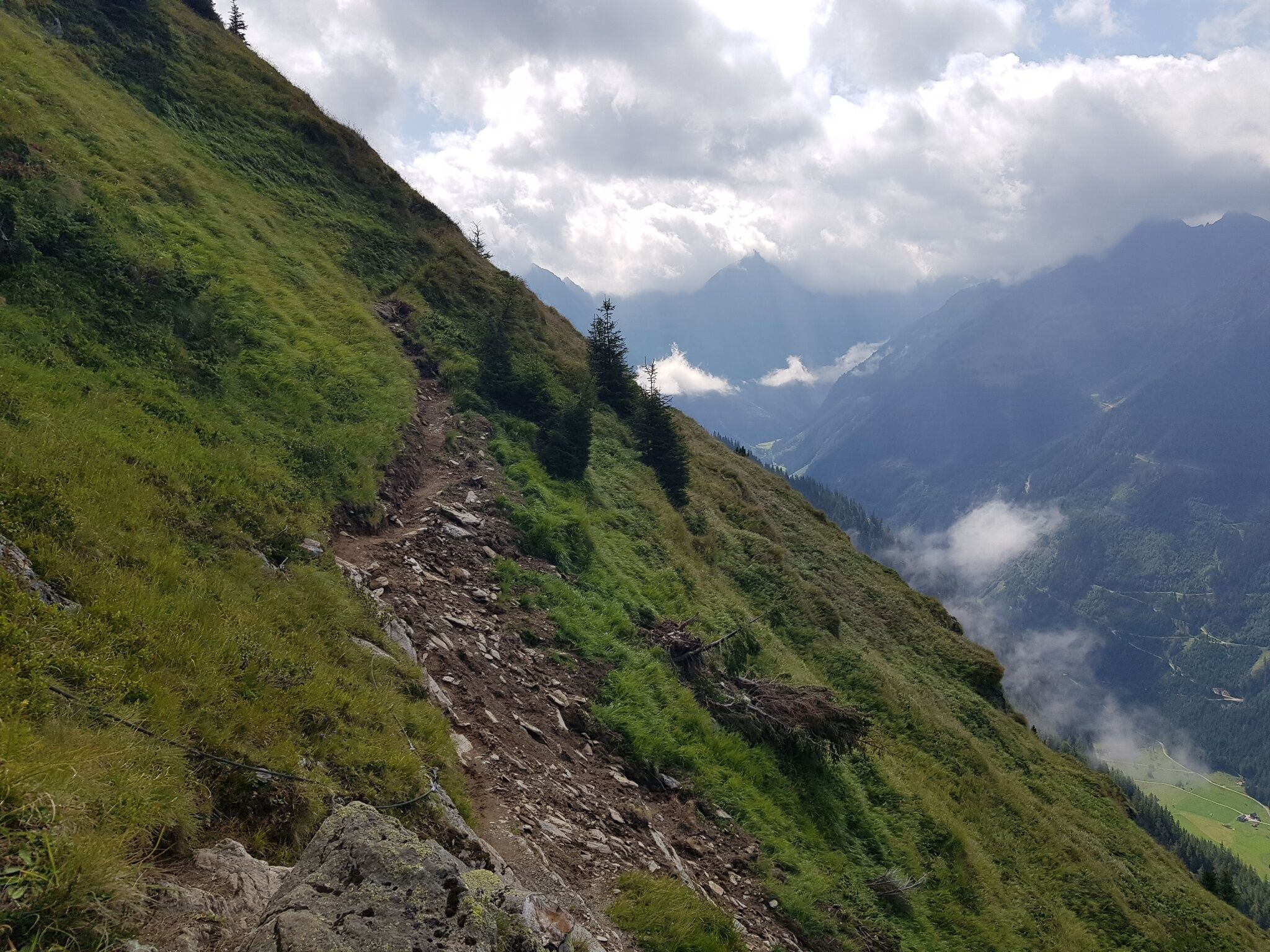 Der neu angelegte Pfad führt durch steiles Gelände unterhalb des Krahbergzinken. Im Vordergrund ist eine Seilversicherung an den Felsen erkennbar.