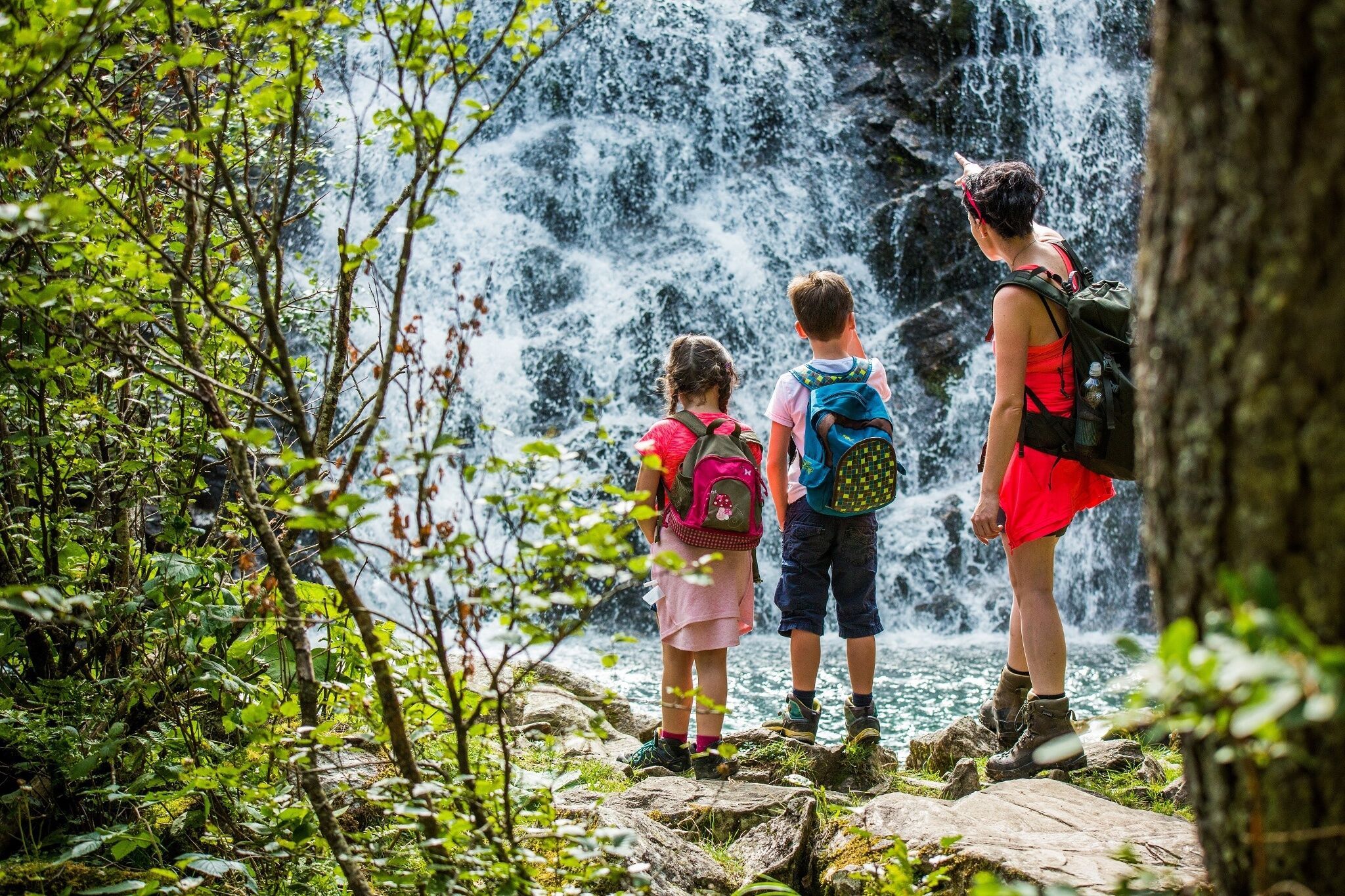 Eine Wandergruppe betrachtet den Schleierwasserfall im Seewigtal. Die Personen tragen Wanderausrüstung und befinden sich auf einem bewaldeten Pfad direkt am Wasser.