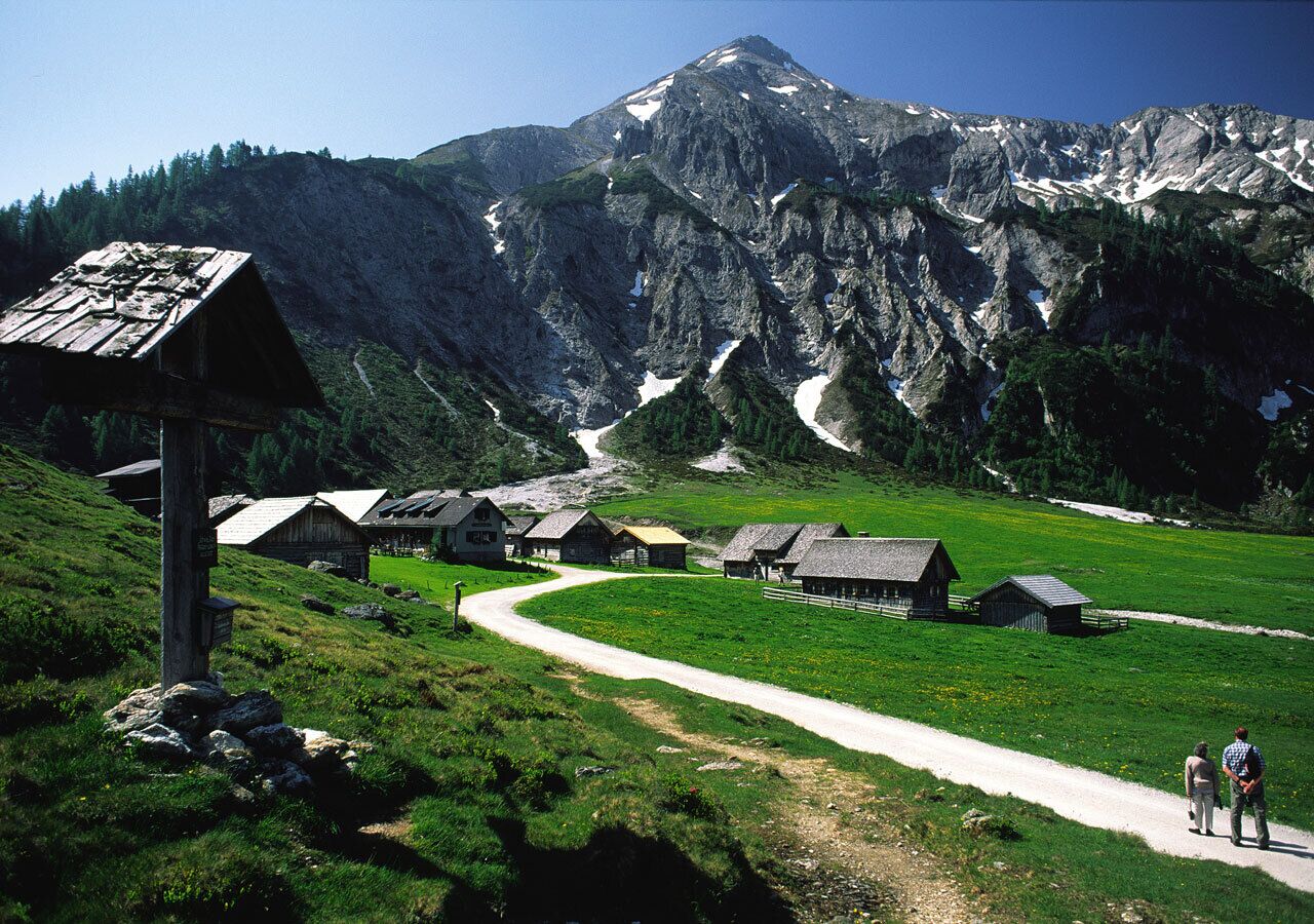 Die Ursprungalm liegt auf einer grünen Wiese am Fuße steiler Felswände. Ein Schotterweg führt an den traditionellen Holzhütten der Bergsiedlung vorbei.